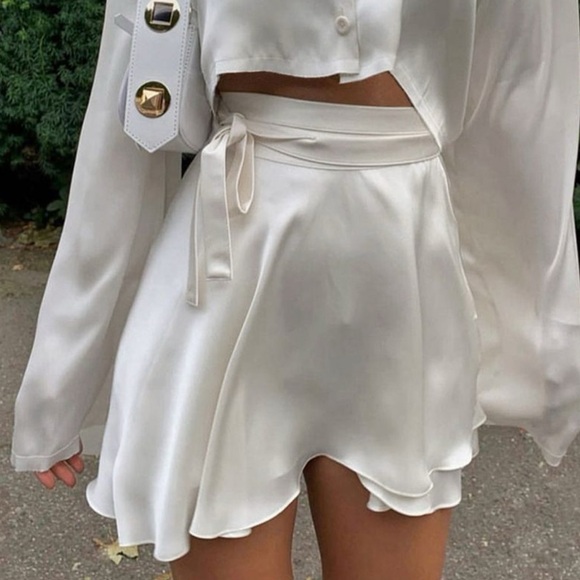 Dresses & Skirts - White High Waisted Satin Wrap Flared Mini Skirt